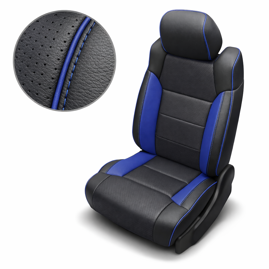 Close-up product image of a 2014–2021 Toyota Tundra CrewMax Leatherteck leather upholstery kit in black with Barracuda Blue accent panels and cobalt blue contrast stitching, featuring perforated black center inserts, shown on a white background with a circular zoom inset highlighting the black leather grain, perforation pattern, blue piping, and double-stitched seam detail.