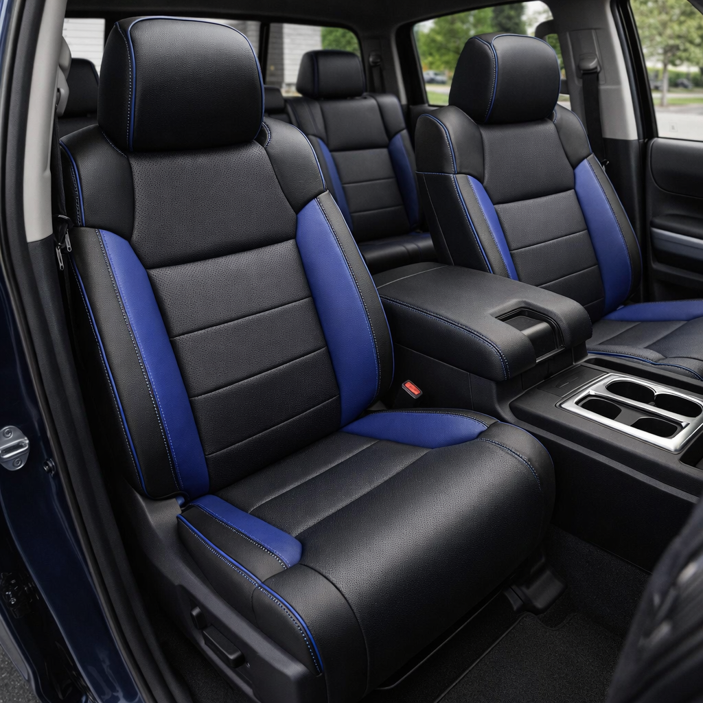 Front in-cabin view of a 2014–2021 Toyota Tundra CrewMax with an installed Leatherteck leather upholstery kit in black with Barracuda Blue accent panels and cobalt blue contrast stitching, featuring perforated black center sections, shown from the open driver-side door with the front bucket seats, headrests, center console/armrest, cupholders, rear bench seat, door panel, and black floor mat visible.