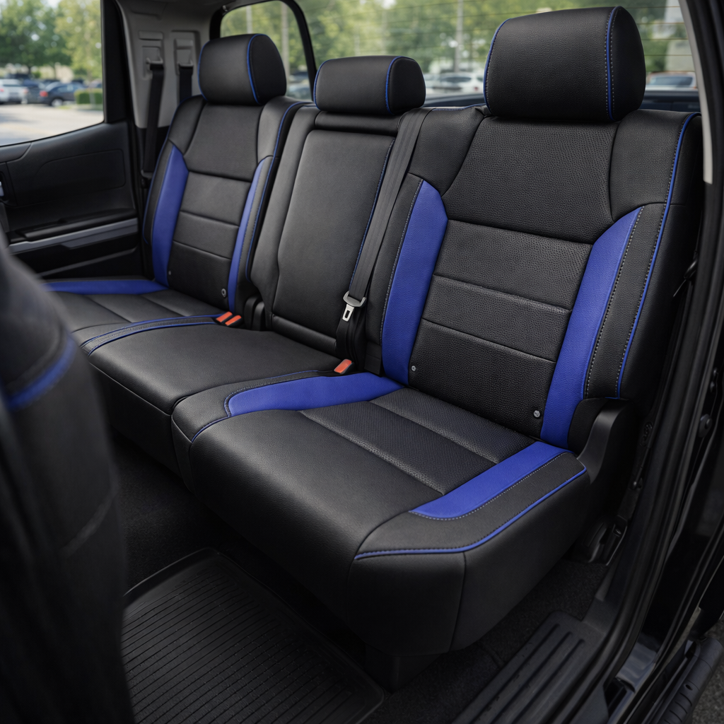 Rear in-cabin view of a 2014–2021 Toyota Tundra CrewMax with an installed Leatherteck leather upholstery kit in black with Barracuda Blue accent panels and cobalt blue contrast stitching, featuring perforated black seatback inserts, shown through the open rear door with the rear bench seat, three headrests, seatbelts/buckles, rear door panel, and black floor mat visible.