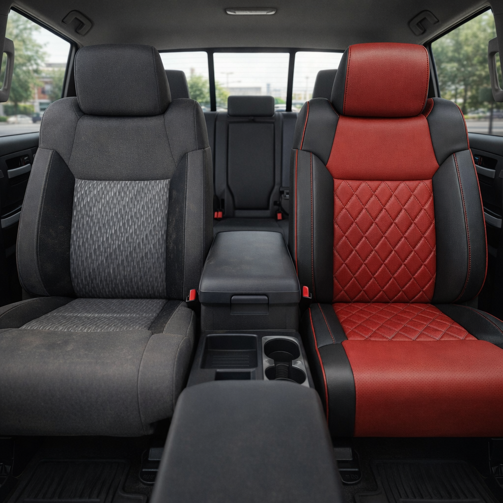 Before-and-after front in-cabin view of a 2014–2021 Toyota Tundra CrewMax split by seats: the left front seat shows the original factory gray cloth upholstery, while the right front seat shows the upgraded Leatherteck leather upholstery kit in black with Cardinal Red panels, Cardinal Red diamond-stitched center inserts, and red contrast stitching, with the center console, cupholders, armrest, rear bench seat, rear window, seatbelt buckles, and black floor mats visible.