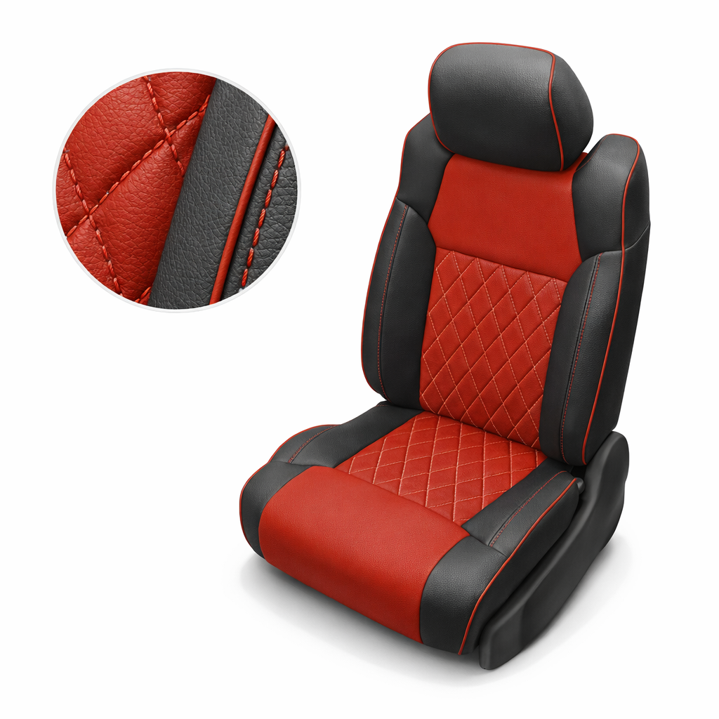 Close-up product image of a 2014–2021 Toyota Tundra CrewMax Leatherteck leather upholstery kit in black with Cardinal Red panels, featuring Cardinal Red diamond-stitched center inserts, red contrast stitching, and red edge piping, shown on a white background with a circular zoom inset highlighting the red leather grain, diamond stitch pattern, black leather texture, and stitched seam detail.
