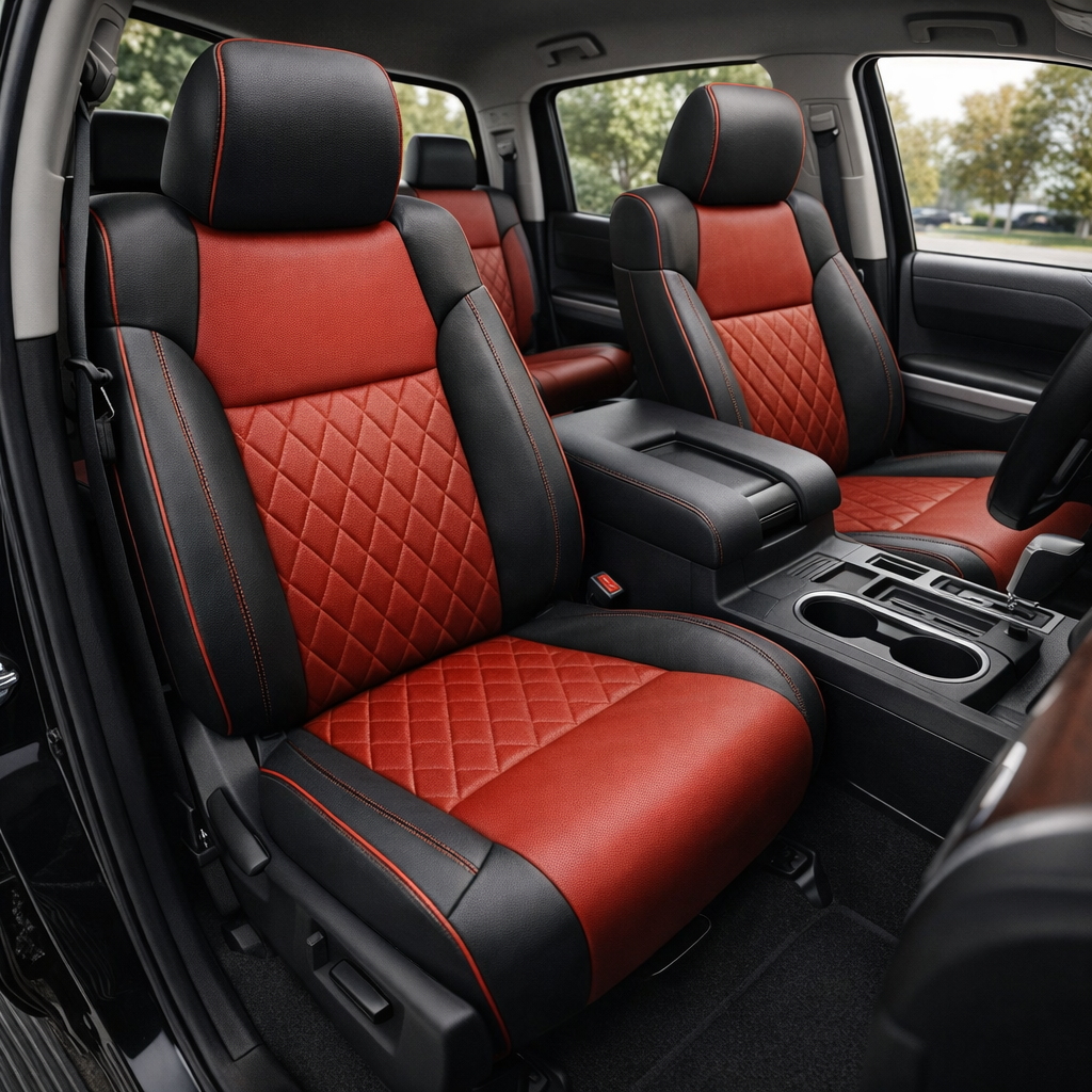 Front in-cabin view of a 2014–2021 Toyota Tundra CrewMax with an installed Leatherteck leather upholstery kit in black with Cardinal Red panels, featuring Cardinal Red diamond-stitched center inserts, red contrast stitching, and red edge piping, shown from the open driver-side door with the front bucket seats, headrests, center console/armrest, cupholders, gear shifter, rear seating area, door panel, and black floor mat visible.