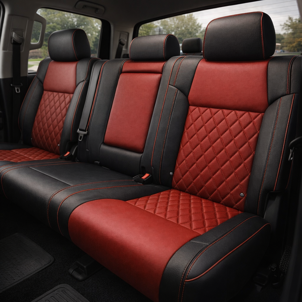 Rear in-cabin view of a 2014–2021 Toyota Tundra CrewMax with an installed Leatherteck leather upholstery kit in black with Cardinal Red panels, featuring Cardinal Red diamond-stitched seat inserts, red contrast stitching, and red edge piping, shown through the open rear door with the rear bench seat, three headrests, seatbelts/buckles, rear window, and black all-weather floor mats visible.
