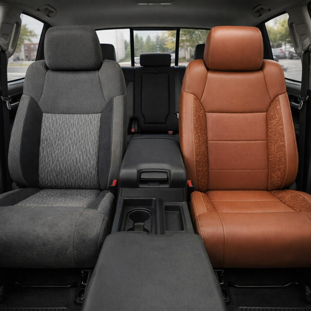 Before-and-after front in-cabin view of a 2014–2021 Toyota Tundra CrewMax split by seats: the left front seat shows the original factory gray cloth upholstery, while the right front seat shows the upgraded Leatherteck leather upholstery kit in cognac brown with black accents, perforated center inserts, western floral accent panels, and contrast stitching, with the center console, cupholders, armrest, rear bench seat, headrests, rear window, seatbelt buckles, and black floor mats visible.