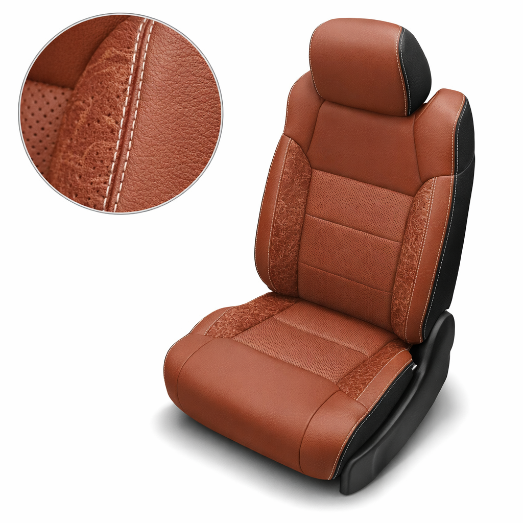 Close-up product image of a 2014–2021 Toyota Tundra CrewMax Leatherteck leather upholstery kit in black with cognac brown facing panels, featuring perforated center inserts, western floral accent panels, and contrast stitching, shown on a white background with a circular zoom inset highlighting the cognac leather grain, perforation pattern, and double-stitched seam detail.