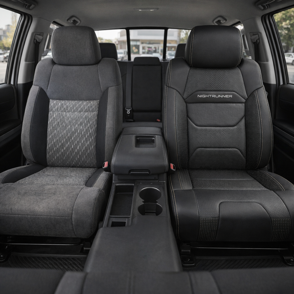 Before-and-after front in-cabin view of a 2014–2021 Toyota Tundra CrewMax split by seats: the left front seat shows the original factory gray cloth upholstery, while the right front seat shows the upgraded Leatherteck leather upholstery kit in black with Flint gray inserts, perforated black body panels, contrast stitching, and an embroidered NIGHTRUNNER logo on the seatback, with the center console, cupholders, armrest, rear bench seat, rear window, seatbelt buckles, and black floor mats visible.