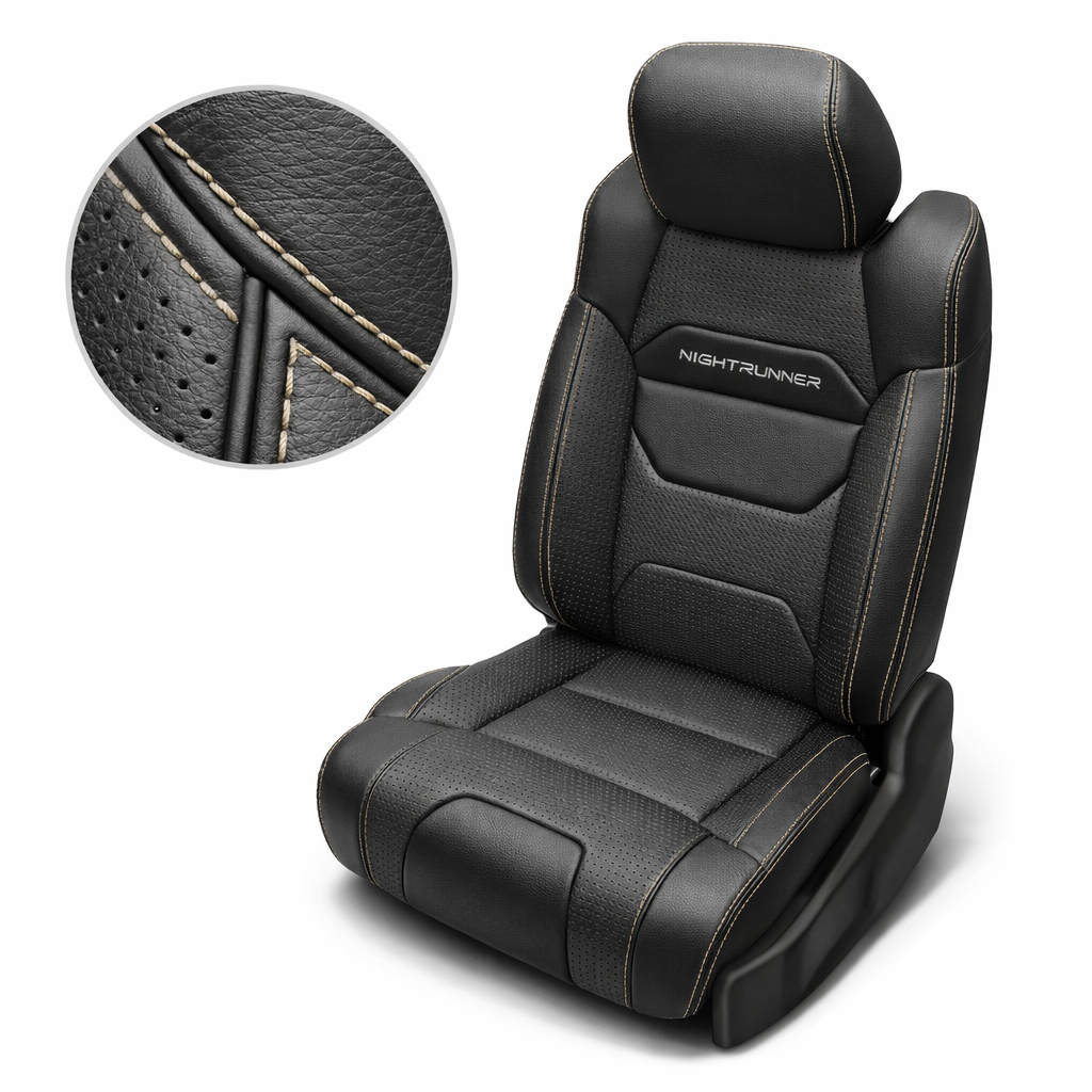 Close-up product image of a 2014–2021 Toyota Tundra CrewMax Leatherteck leather upholstery kit in black with Flint gray inserts, featuring perforated black body panels, contrast stitching, and an embroidered NIGHTRUNNER logo on the seatback, shown on a white background with a circular zoom inset highlighting the black leather grain, perforation pattern, and double-stitched seam detail.
