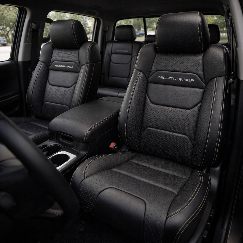Front in-cabin view of a 2014–2021 Toyota Tundra CrewMax with an installed Leatherteck leather upholstery kit in black with Flint gray inserts, featuring perforated black body panels, contrast stitching, and embroidered NIGHTRUNNER logos on the front seatbacks, shown from the open driver-side door with the front bucket seats, headrests, center console/armrest, cupholders, door panel, and black floor mat visible.