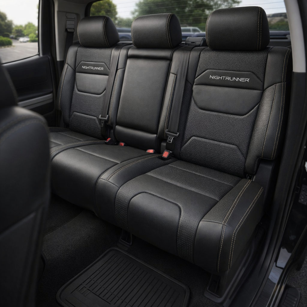 Rear in-cabin view of a 2014–2021 Toyota Tundra CrewMax with an installed Leatherteck leather upholstery kit in black with Flint gray inserts, featuring perforated black body panels, contrast stitching, and embroidered NIGHTRUNNER logos on the rear seatbacks, shown through the open rear door with the rear bench seat, three headrests, seatbelts/buckles, rear door panel, and black all-weather floor mat visible.