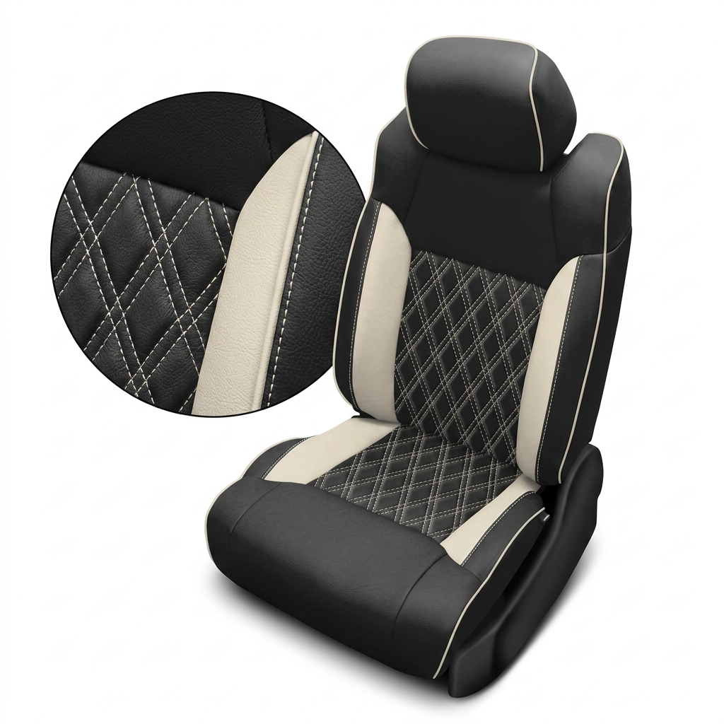  Close-up product image of a 2014–2021 Toyota Tundra CrewMax Leatherteck leather upholstery kit in black with pearl white diamond accents, featuring diamond-stitched black center inserts, pearl white side insert panels, pearl white contrast stitching, and pearl white edge piping, shown on a white background with a circular zoom inset highlighting the leather grain, diamond stitch pattern, pearl white accent panel, and stitched seam/piping detail.