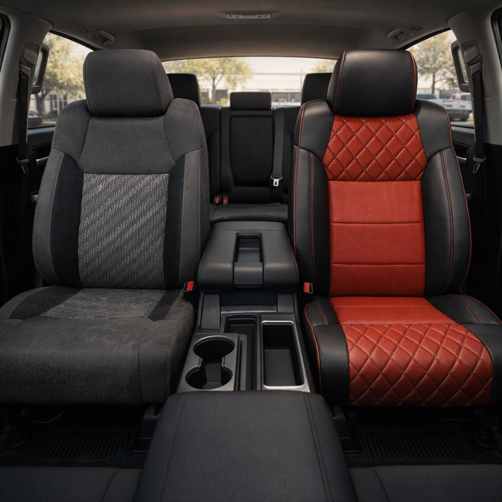 Before-and-after front in-cabin view of a 2014–2021 Toyota Tundra CrewMax split by seats: the left front seat shows the original factory gray cloth upholstery, while the right front seat shows the upgraded Leatherteck leather upholstery kit in black with red Tek-Stitch diamond panels, featuring red perforated center sections, red diamond-stitched seatback and cushion inserts, red contrast stitching, and red edge piping, with the center console, cupholders, rear bench seat, rear window, seatbelt buckles, and