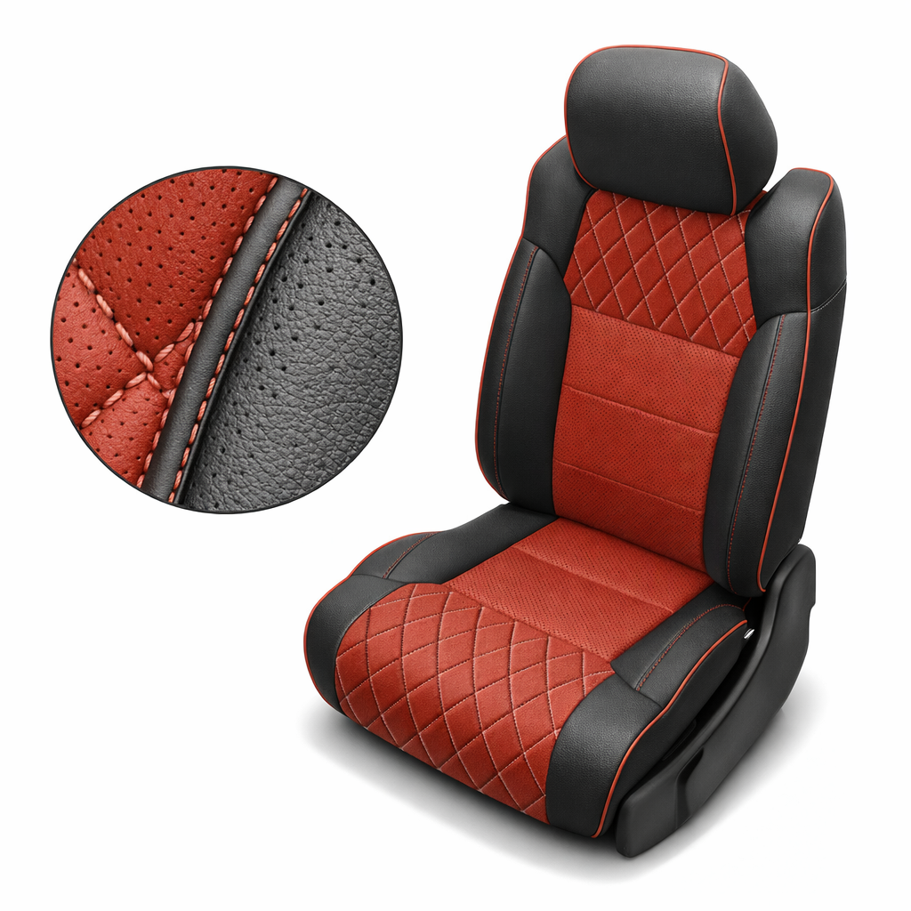 Close-up product image of a 2014–2021 Toyota Tundra CrewMax Leatherteck leather upholstery kit in black with red Tek-Stitch diamond panels, featuring red diamond-stitched seatback and cushion inserts, red perforated center sections, red contrast stitching, and red edge piping, shown on a white background with a circular zoom inset highlighting the red diamond stitch pattern, perforated leather texture, black leather grain, and stitched seam/piping detail.