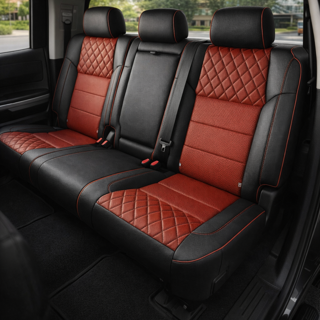  Front in-cabin view of a 2014–2021 Toyota Tundra CrewMax with an installed Leatherteck leather upholstery kit in black with red Tek-Stitch diamond panels, featuring red diamond-stitched seatback and cushion inserts, red perforated center sections, red contrast stitching, and red edge piping, shown from the open driver-side door with the front bucket seats, headrests, center console/armrest, cupholders, gear shifter, rear seating area, door panel, and black floor mat visible.