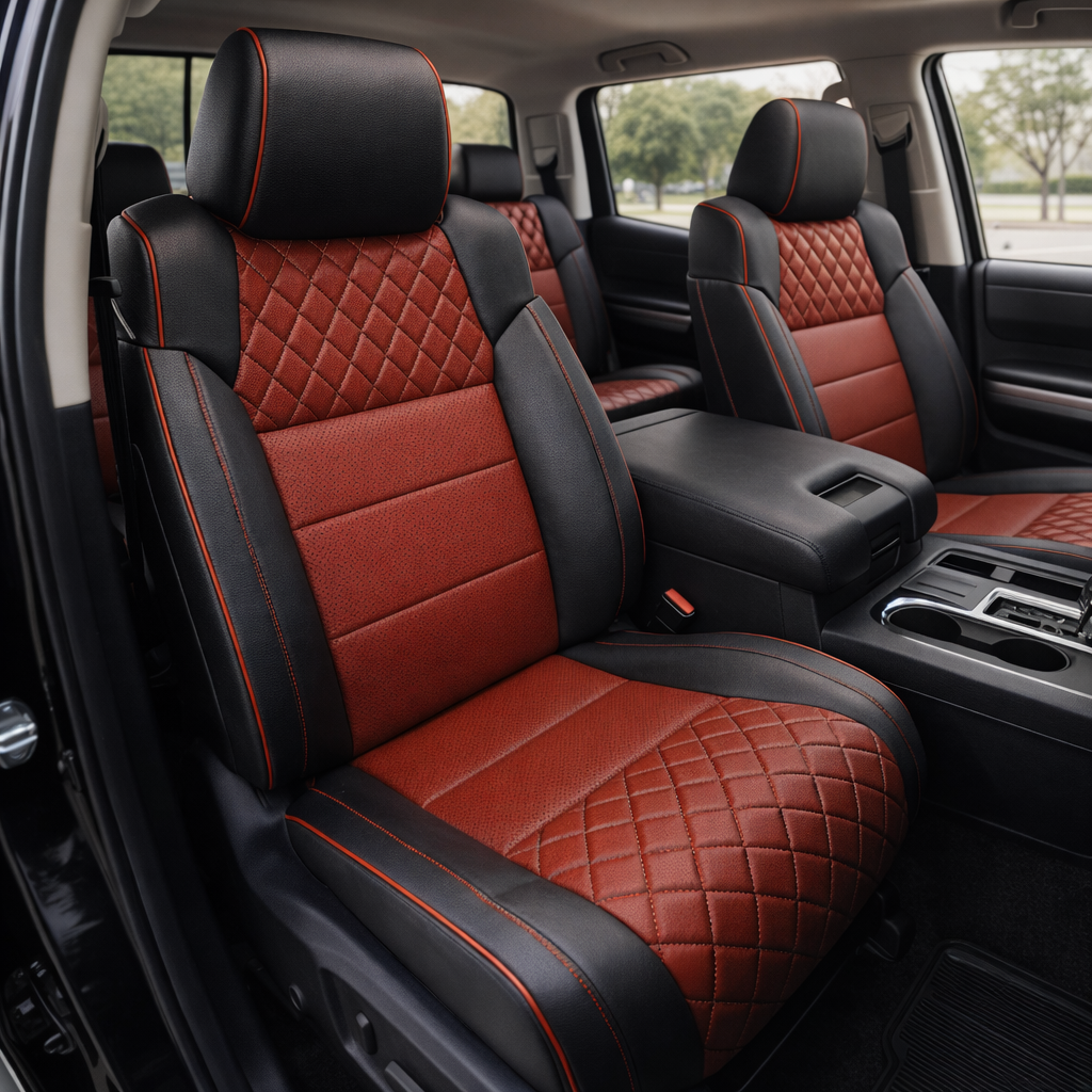 Rear in-cabin view of a 2014–2021 Toyota Tundra CrewMax with an installed Leatherteck leather upholstery kit in black with red Tek-Stitch diamond panels, featuring red diamond-stitched seatback and cushion inserts, red perforated center sections, red contrast stitching, and red edge piping, shown through the open rear door with the rear bench seat, three headrests, seatbelts/buckles, rear door panel, rear window, and black floor mat visible.