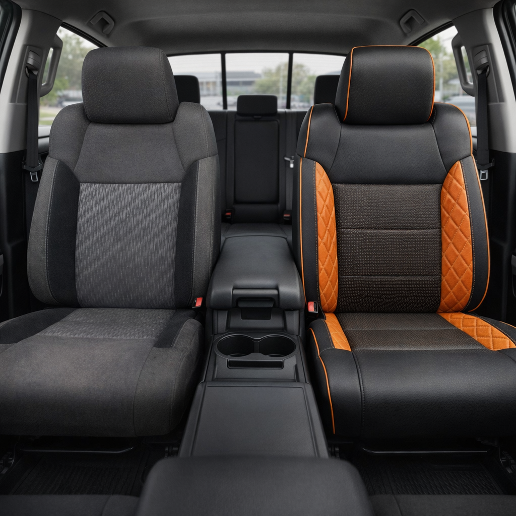 Before-and-after front in-cabin view of a 2014–2021 Toyota Tundra CrewMax split by front seats: the left front seat shows the original factory gray cloth upholstery, while the right front seat shows the upgraded Leatherteck leather upholstery kit in black with tangerine diamond accents, featuring black leather bolsters, black perforated center inserts, tangerine orange diamond-stitched side insert panels, tangerine contrast stitching, and tangerine edge piping, with the center console, cupholders, armrest, 