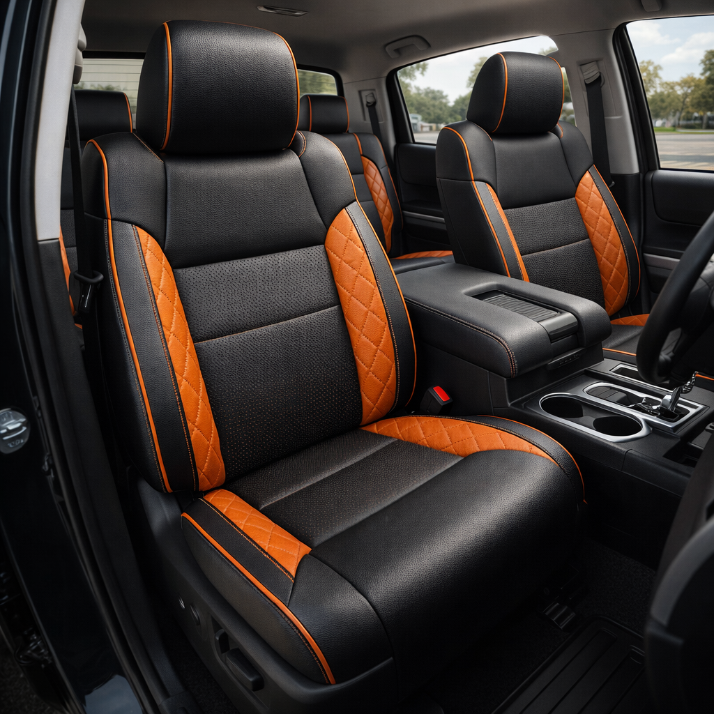  Front in-cabin view of a 2014–2021 Toyota Tundra CrewMax with an installed Leatherteck leather upholstery kit in black with tangerine diamond accents, featuring black front bucket seats, black perforated center inserts, tangerine orange diamond-stitched side insert panels, tangerine contrast stitching, and tangerine edge piping, shown from the open driver-side door with the matching headrests, center console/armrest, cupholders, gear shifter, rear seating area, and black floor mat visible.