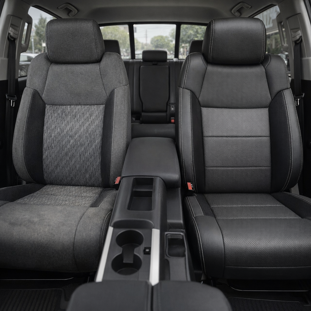 Before-and-after front in-cabin view of a 2014–2021 Toyota Tundra CrewMax split by seats: the left front seat shows the original factory gray cloth upholstery, while the right front seat shows the upgraded Leatherteck leather upholstery kit in charcoal gray with carbon fiber-style accent panels, perforated gray center inserts, and silver contrast stitching, with the center console, cupholders, armrest, rear bench seat, rear window, seatbelt buckles, and black floor mats visible.