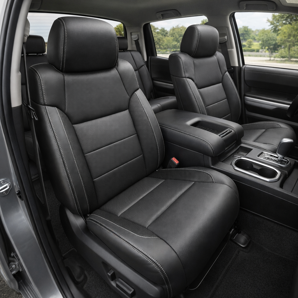  Front in-cabin view of a 2014–2021 Toyota Tundra CrewMax with an installed Leatherteck leather upholstery kit in charcoal gray with carbon fiber-style accent panels, featuring perforated gray center inserts and silver contrast stitching, shown from the open driver-side door with the front bucket seats, headrests, center console/armrest, cupholders, gear shifter, door panel, rear seating area, and black floor mat visible.