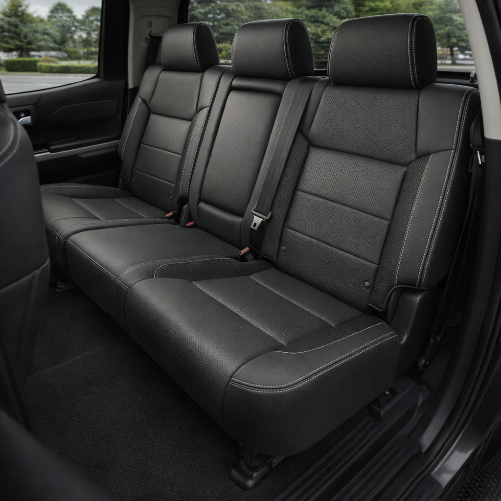  Rear in-cabin view of a 2014–2021 Toyota Tundra CrewMax with an installed Leatherteck leather upholstery kit in charcoal gray with carbon fiber-style accent panels, featuring perforated gray seat inserts and silver contrast stitching, shown through the open rear door with the rear bench seat, three headrests, seatbelts/buckles, rear door panel, front seatback, and black floor mat visible.