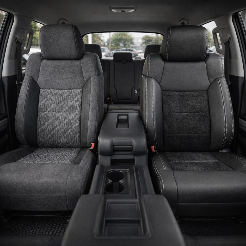 Before-and-after front in-cabin view of a 2014–2021 Toyota Tundra CrewMax split by seats: the left front seat shows the original factory gray cloth upholstery, while the right front seat shows the upgraded Leatherteck leather upholstery kit in charcoal with black suede inserts and silver contrast stitching, with the center console, cupholders, armrest, rear bench seat, rear window, seatbelt buckles, and black floor mats visible.