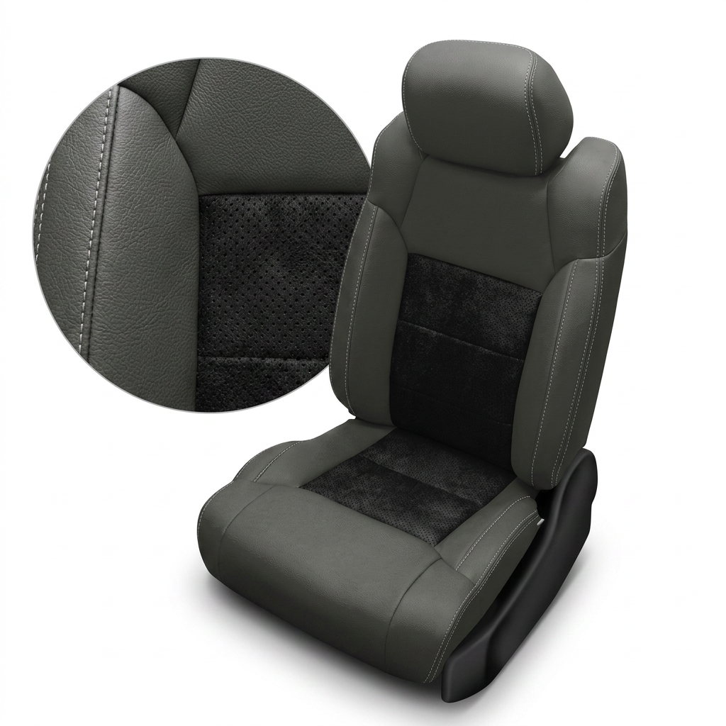 Close-up product image of a 2014–2021 Toyota Tundra CrewMax Leatherteck leather upholstery kit in charcoal with black suede inserts and silver contrast stitching, shown on a white background with a circular zoom inset highlighting the charcoal leather grain, black perforated suede texture, and double-stitched silver seam detail.