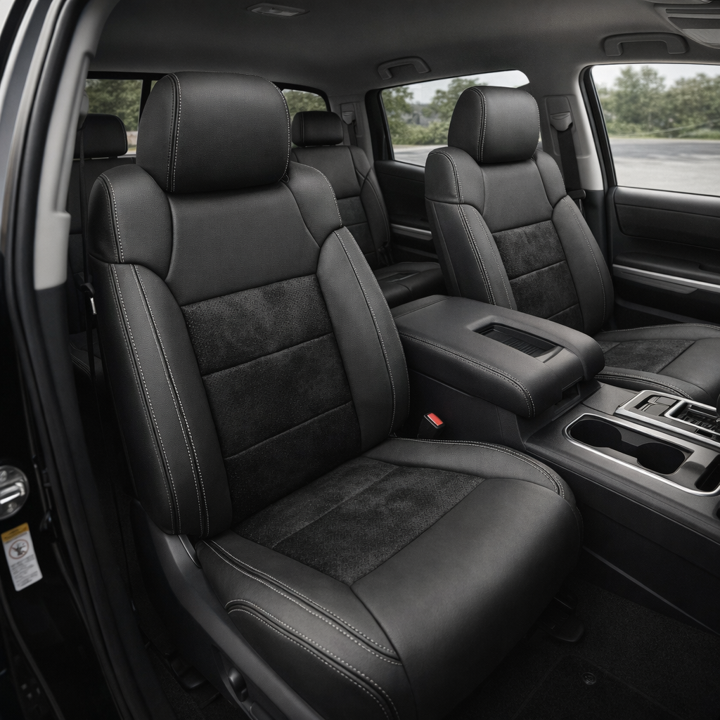 Front in-cabin view of a 2014–2021 Toyota Tundra CrewMax with an installed Leatherteck leather upholstery kit in charcoal with black suede inserts and silver contrast stitching, shown from the open driver-side door with the front bucket seats, headrests, center console/armrest, cupholders, door panel, rear seating area, and black floor mat visible.