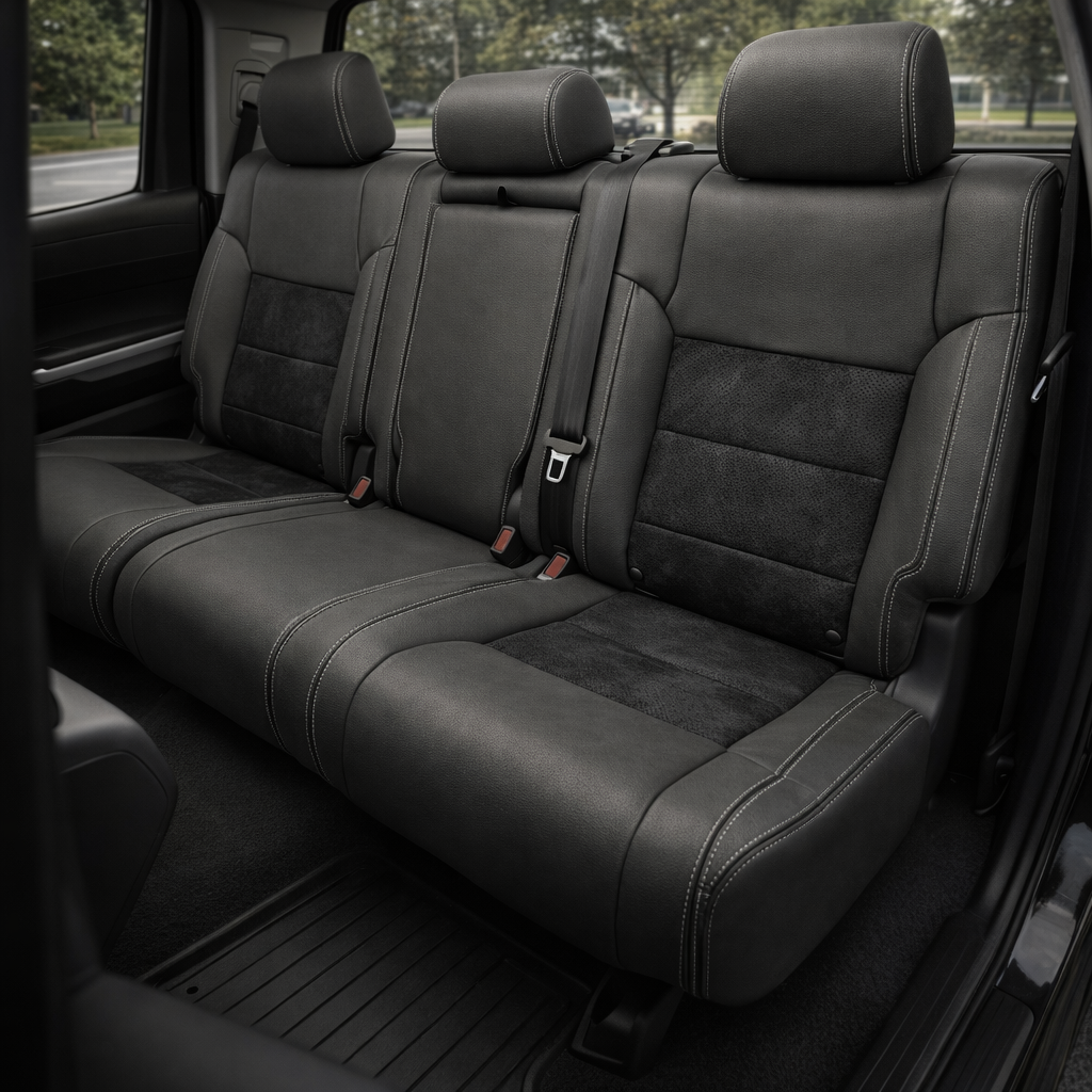 Rear in-cabin view of a 2014–2021 Toyota Tundra CrewMax with an installed Leatherteck leather upholstery kit in charcoal with black suede inserts and silver contrast stitching, shown through the open rear door with the rear bench seat, three headrests, seatbelts/buckles, rear door panel, and black all-weather floor mat visible.