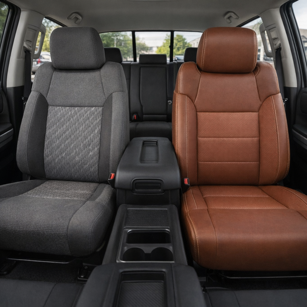 Before-and-after front in-cabin view of a 2014–2021 Toyota Tundra CrewMax split by seats: the left front seat shows the original factory gray cloth upholstery, while the right front seat shows the upgraded Leatherteck leather upholstery kit in mahogany brown with silver contrast stitching, featuring perforated center inserts, mahogany brown bolsters, and stitched panel seams, with the center console, cupholders, armrest, rear bench seat, rear window, seatbelt buckles, and black floor mats visible.