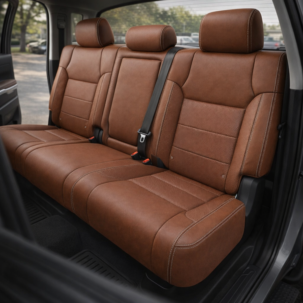 Rear in-cabin view of a 2014–2021 Toyota Tundra CrewMax with an installed Leatherteck leather upholstery kit in mahogany brown with silver contrast stitching, featuring perforated rear seat inserts, mahogany brown bolsters, and stitched panel seams, shown through the open rear door with the rear bench seat, three headrests, seatbelts/buckles, rear window, rear door panel, and black floor mat visible.