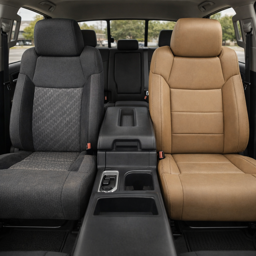  Before-and-after front in-cabin view of a 2014–2021 Toyota Tundra CrewMax split by seats: the left front seat shows the factory dark gray cloth upholstery, while the right front seat shows the upgraded Leatherteck leather upholstery kit in single tone beige with matching stitching and perforated center sections, with the center console, armrest, cupholders, rear bench seat, headrests, rear window, seatbelt buckles, and black floor mats visible.