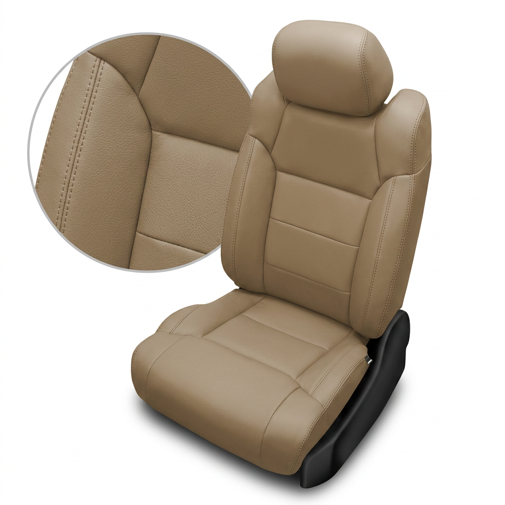 Close-up product image of a 2014–2021 Toyota Tundra CrewMax Leatherteck leather upholstery kit in single tone beige, shown on a white background with a circular zoom inset highlighting the beige leather grain, paneled seat layout, and matching double-stitched seam detail.