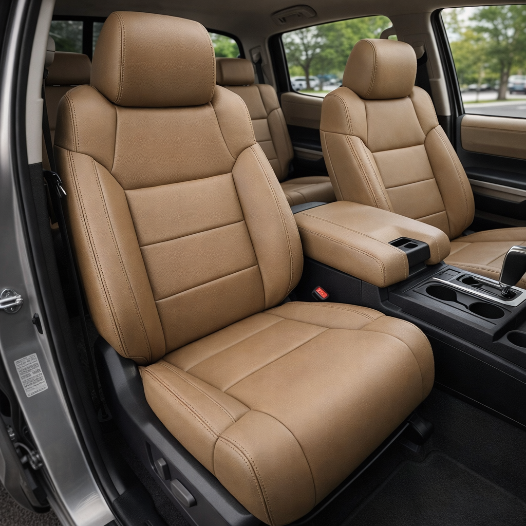Front in-cabin view of a 2014–2021 Toyota Tundra CrewMax with an installed Leatherteck leather upholstery kit in single tone beige, featuring matching beige stitching and paneled seat sections, shown from the open driver-side door with the front bucket seats, headrests, center console/armrest, cupholders, gear shifter, rear bench seat, door panel, and black floor mat visible.