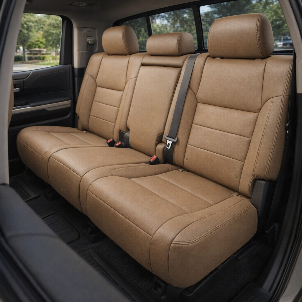 Rear in-cabin view of a 2014–2021 Toyota Tundra CrewMax with an installed Leatherteck leather upholstery kit in single tone beige, featuring matching beige stitching and paneled seat sections, shown through the open rear door with the rear bench seat, three headrests, seatbelts/buckles, rear door panel, rear window, and black floor mat visible.