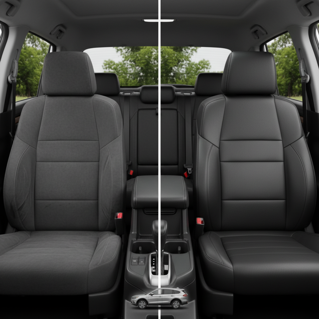 Before-and-after comparison of Fiat 500L front seats, showing cloth seat upgraded to perforated leather upholstery.
