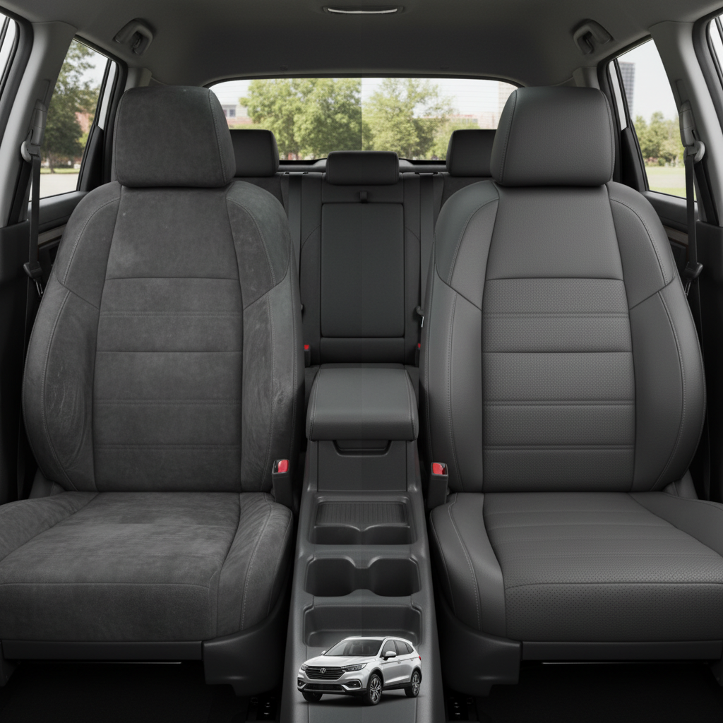 Before-and-after comparison of Fiat 500L front seats, showing cloth seat upgraded to perforated leather upholstery.
