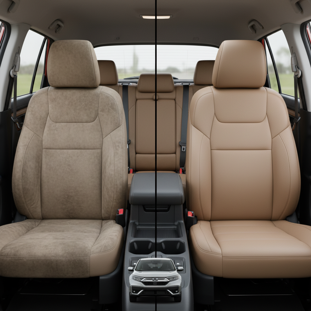 Before-and-after comparison of Fiat 500L front seats, showing cloth seat upgraded to perforated leather upholstery.
