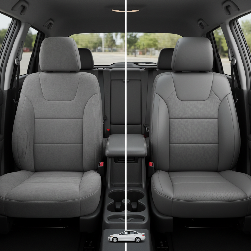 Before-and-after comparison of Nissan Note front seats, showing cloth seat upgraded to perforated leather upholstery.
