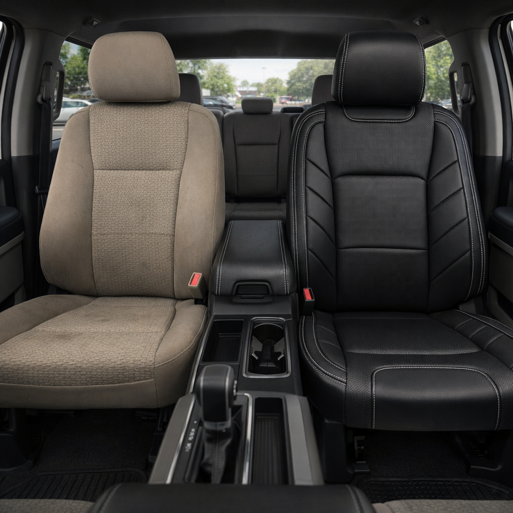 Before-and-after front in-cabin view of a 2015–2017 Ford F-150 XLT SuperCrew showing the factory tan cloth front seat on the left and the upgraded Leatherteck leather upholstery kit on the right in black, featuring a perforated body design and silver contrast stitching, with the center console, cupholders, shifter, rear bench seat, headrests, seatbelt buckles, door panels, rear window, and black floor mats visible.

