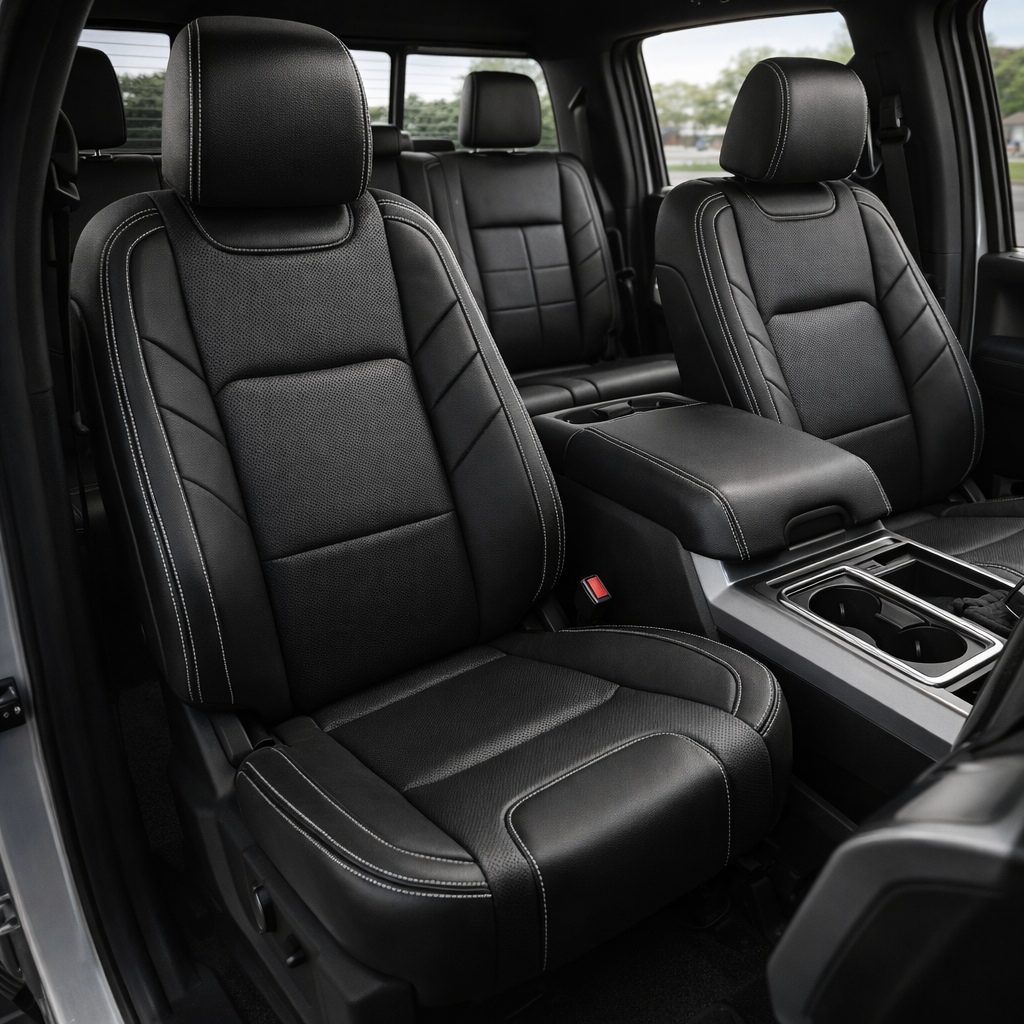  Front in-cabin view of a 2015–2017 Ford F-150 XLT SuperCrew with an installed Leatherteck leather upholstery kit in black, featuring a perforated body design and silver contrast stitching, shown with the driver and passenger front seats, matching headrests, rear bench seat, center console/armrest, cupholders, seatbelt buckle, door panel, and black floor mats visible.