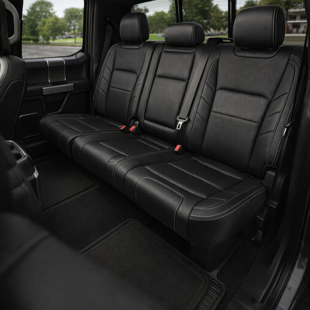 Rear in-cabin view of a 2015–2017 Ford F-150 XLT SuperCrew with an installed Leatherteck leather upholstery kit in black, featuring a perforated body design and silver contrast stitching, showing the rear bench seat, three matching headrests, seatbelts and buckles, rear door panel, front seatback, rear window, and black floor mats visible.

