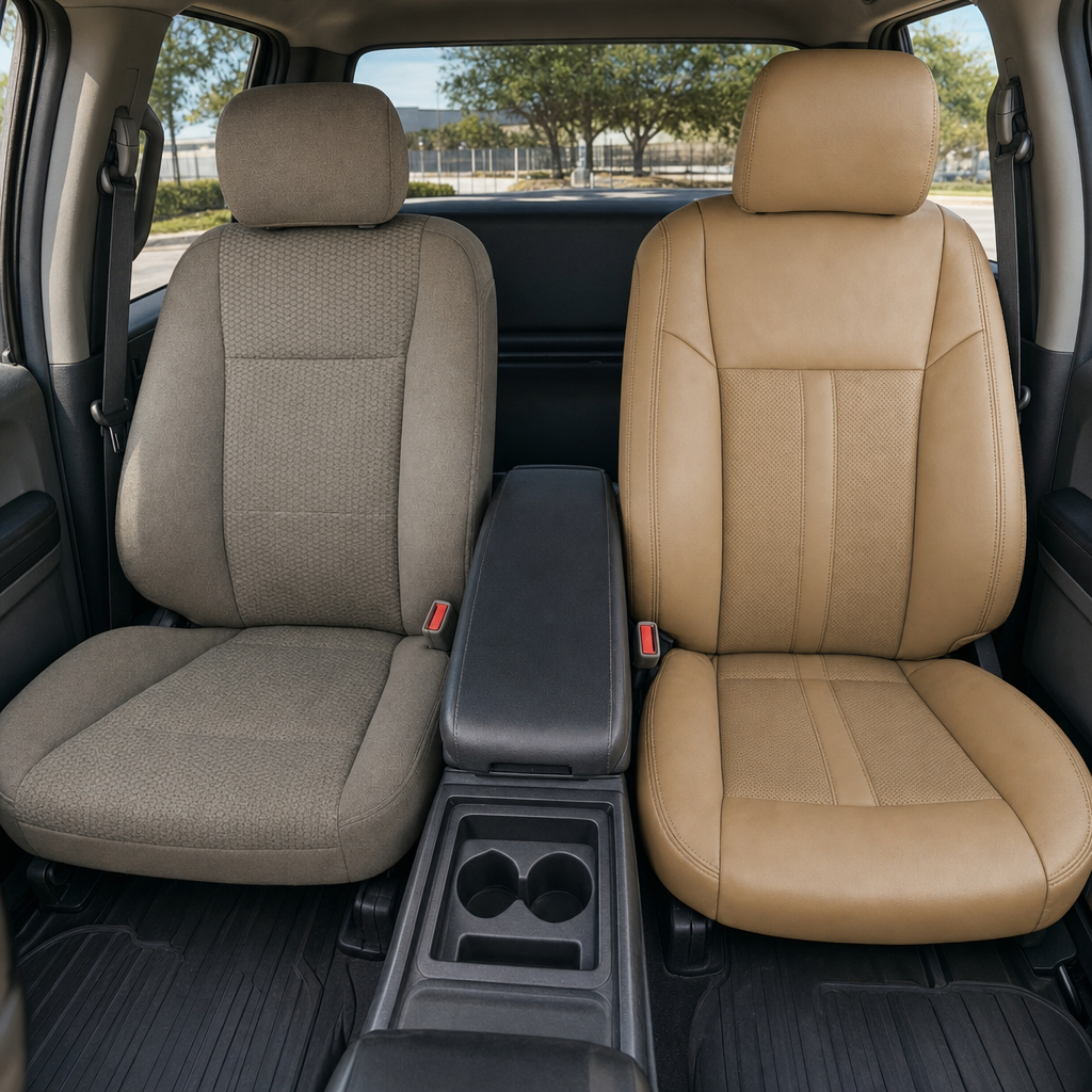 Before-and-after front in-cabin view of a 2015–2019 Ford F-150 showing a seat upholstery upgrade: the left front seat has the original factory gray cloth upholstery, while the right front seat features the upgraded Leatherteck leather seat kit in Bisque Beige with perforated Bisque Beige inserts and Bisque Beige double stitching.