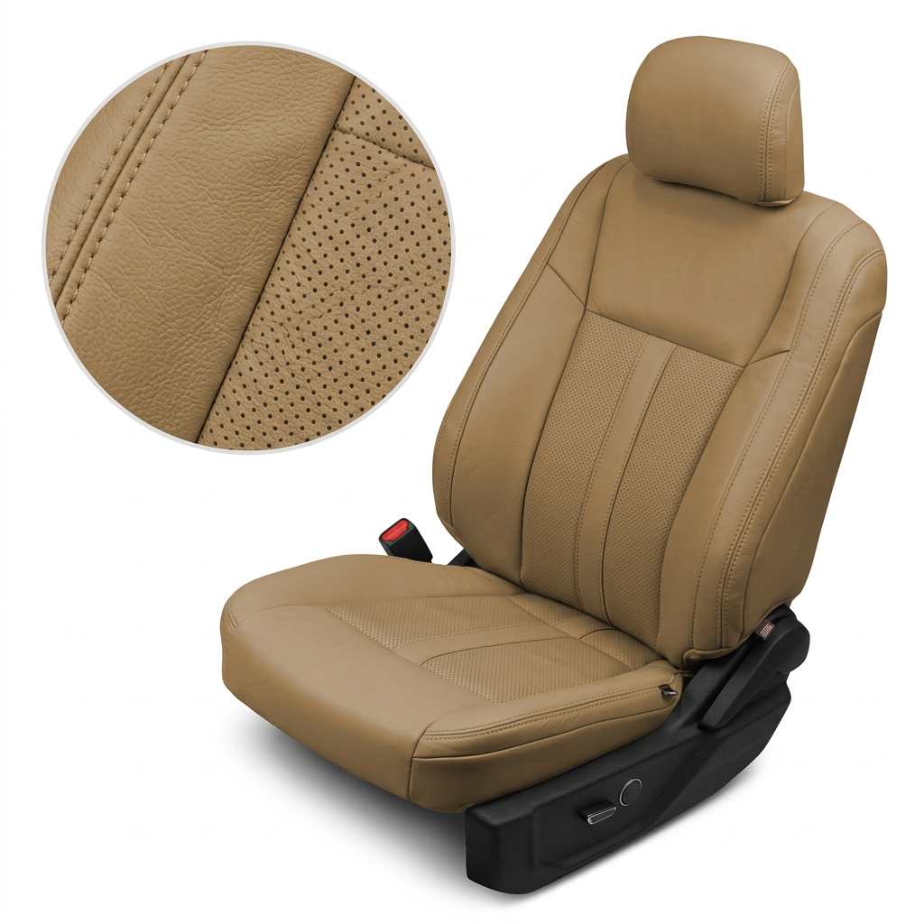Close-up product image of a 2015–2019 Ford F-150 Leatherteck leather seat upholstery kit in Bisque Beige, featuring perforated Bisque Beige inserts and Bisque Beige double stitching. The seat is shown on a white background with a circular zoom inset highlighting the Bisque Beige leather grain, perforation pattern, and double-stitched seam detail. The full seat displays a matching Bisque Beige headrest, smooth leather bolsters, perforated center panels on the backrest and seat cushion, visible seam layout, 