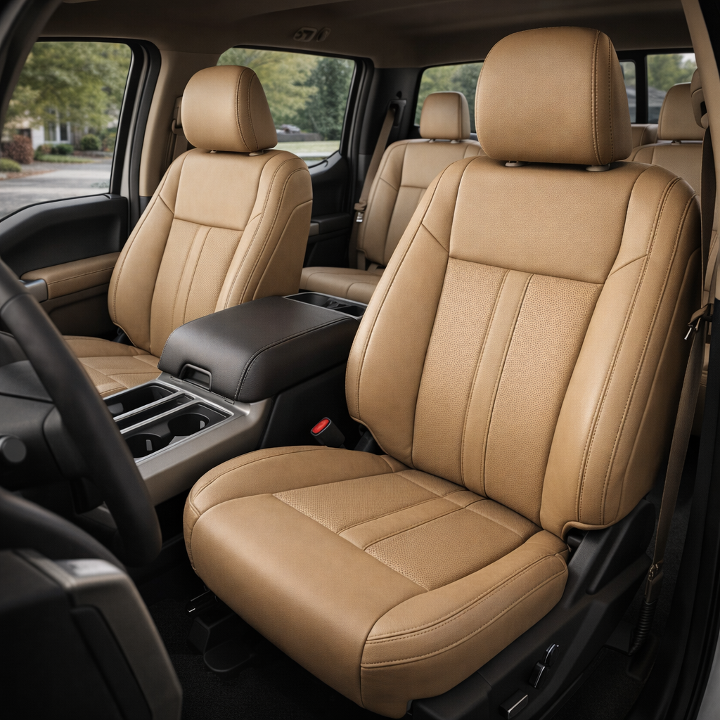  Front in-cabin view of a 2015–2019 Ford F-150 with an installed Leatherteck leather seat upholstery kit in Bisque Beige, featuring perforated Bisque Beige inserts and Bisque Beige double stitching. The image shows the upgraded driver and passenger front bucket seats with headrests, matching rear seating, perforated center insert panels, smooth Bisque Beige leather bolsters, visible double-stitched seam detailing, front center console with armrest and cupholders, partial steering wheel, door panel, seatbel