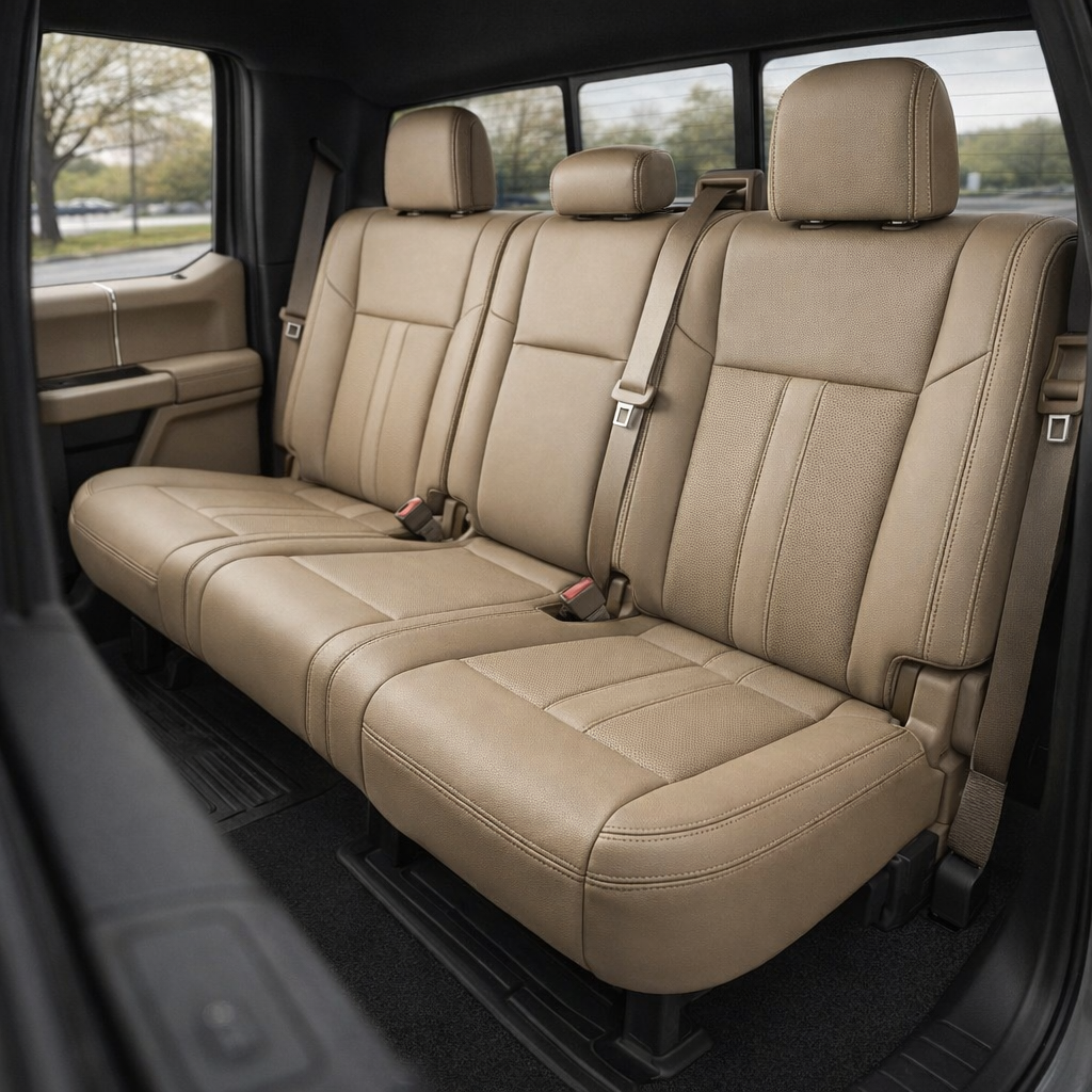 Rear in-cabin view of a 2015–2019 Ford F-150 with an installed Leatherteck leather seat upholstery kit in Bisque Beige, featuring perforated Bisque Beige inserts and Bisque Beige double stitching. The image shows the upgraded rear bench seat with three headrests, Bisque Beige leather seat cushions and backrests, perforated center insert panels, visible double-stitched seam detailing, seatbelts with red buckles, rear window, door panel, and black floor mat inside the truck cabin.