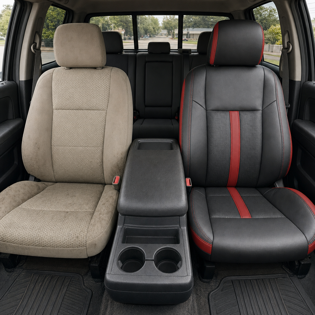 Before-and-after front in-cabin view of a 2015–2019 Ford F-150 showing a seat upholstery upgrade: the left front seat has the original factory beige cloth upholstery, while the right front seat features the upgraded Leatherteck leather seat kit in black with Cardinal Red accent panels, perforated black inserts, and Cardinal Red stitching.
