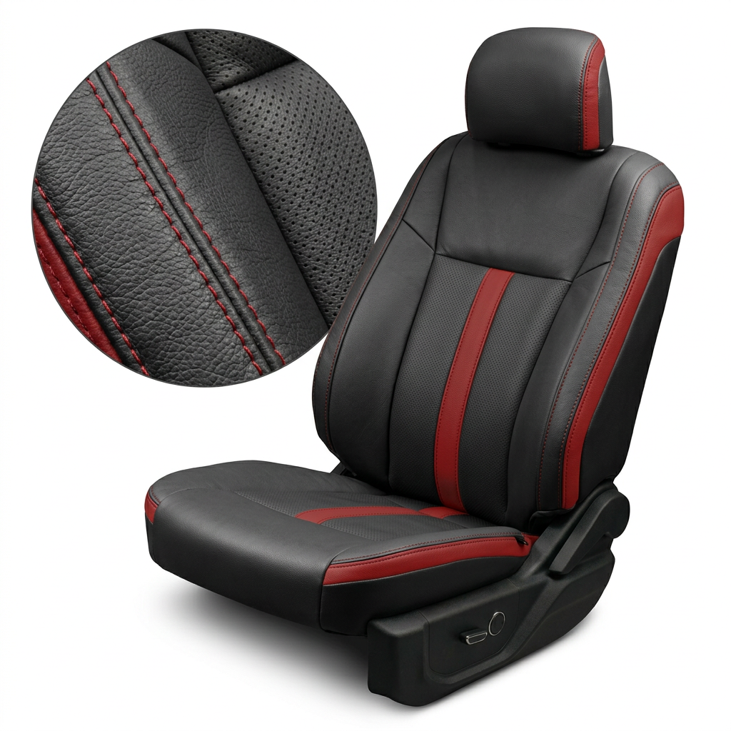 Close-up product image of a 2015–2019 Ford F-150 Leatherteck leather seat upholstery kit in black with Cardinal Red accent panels, perforated black inserts, and Cardinal Red stitching. The seat is shown on a white background with a circular zoom inset highlighting the black leather grain, perforated insert texture, and red double-stitched seam detail. The full seat displays a matching black headrest with red side accent, black bolsters, red vertical accent strips, perforated black center panels on the seat