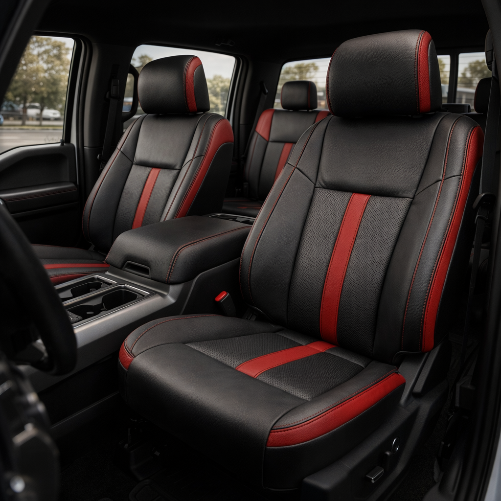 Front in-cabin view of a 2015–2019 Ford F-150 with an installed Leatherteck leather seat upholstery kit in black with Cardinal Red accent panels, perforated black inserts, and Cardinal Red stitching. The image shows the upgraded driver and passenger front bucket seats with matching headrests, black leather bolsters, perforated black center panels on the seatbacks and cushions, vertical Cardinal Red accent strips, red side accent panels, visible red seam stitching, the front center console with armrest and 