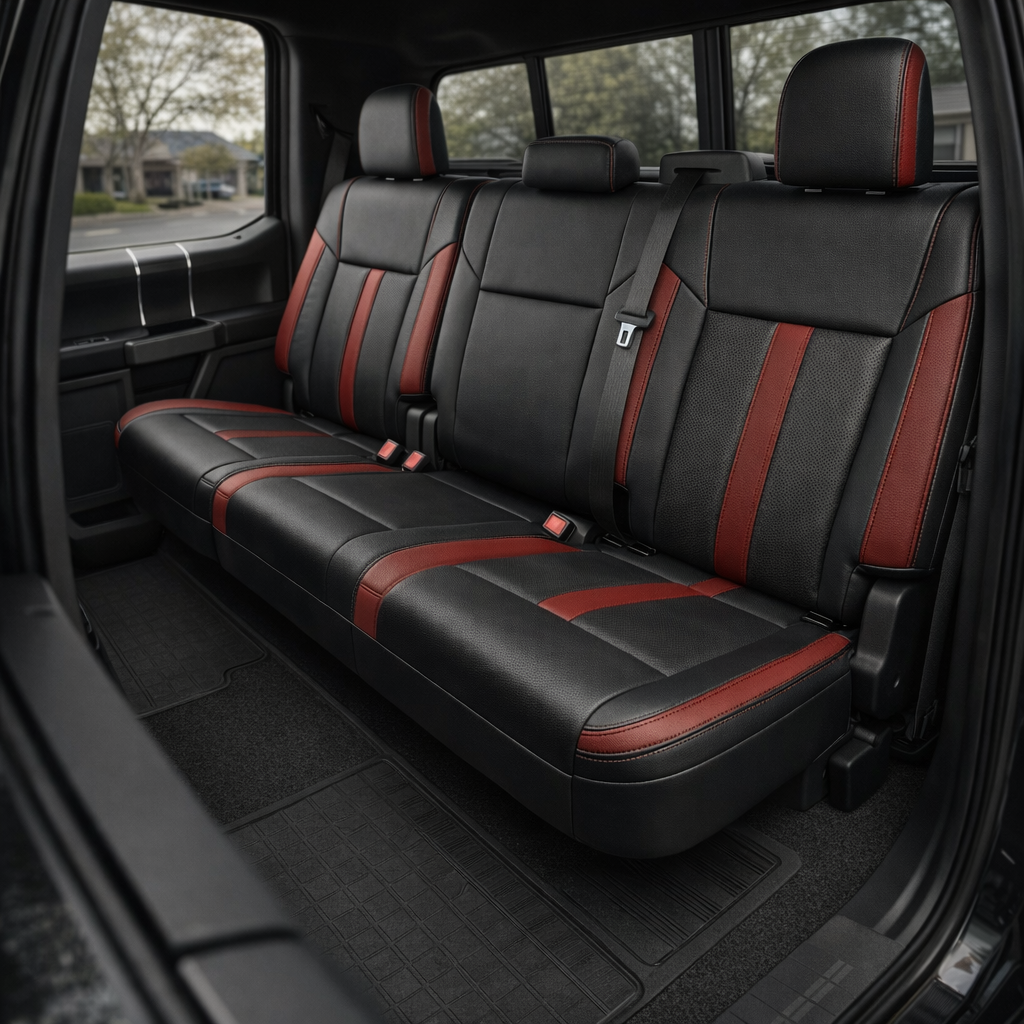 Rear in-cabin view of a 2015–2019 Ford F-150 with an installed Leatherteck leather seat upholstery kit in black with Cardinal Red accent panels, perforated black inserts, and Cardinal Red stitching. The image shows the upgraded rear bench seat with three headrests, black leather bolsters, perforated black center panels on the outboard seatbacks and cushions, vertical Cardinal Red accent strips, red side accent panels, visible red seam stitching, seatbelts with red buckles, rear door panel, rear window, and