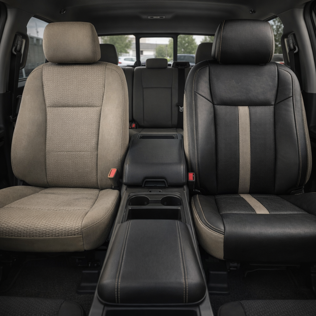 Before-and-after front in-cabin view of a 2015–2019 Ford F-150 showing an upholstery upgrade: the left front seat has the original factory Stone cloth upholstery, while the right front seat features the upgraded Leatherteck leather kit in black with Stone accent panels and perforated black inserts. The image also shows the front center console with armrest and cupholders, rear bench seat, headrests, seatbelt buckles, rear window, and dark carpeted floor inside the truck cabin.