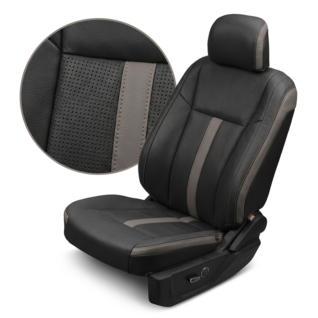 Close-up product image of a 2015–2019 Ford F-150 Leatherteck leather upholstery kit in black with Stone accent panels and perforated black inserts. The seat is shown on a white background with a circular zoom inset highlighting the perforated black leather insert, Stone vertical accent stripe, Stone side accent panel, black leather grain, and contrast double-stitching along the seat seams.

